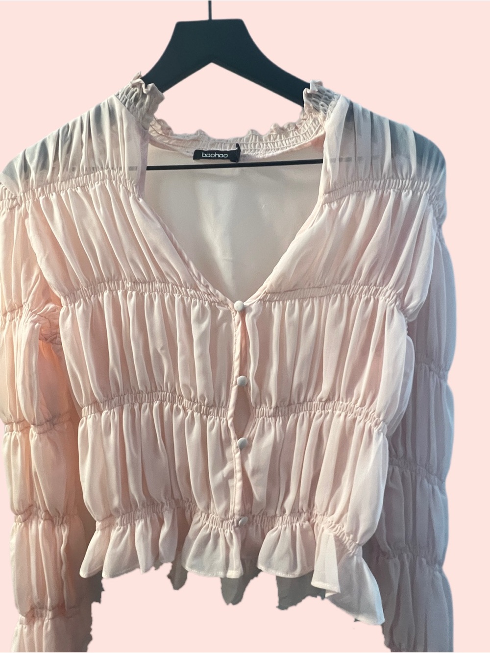 Boohoo Pale Pink Smocked Ruffle Button-Front Blouse